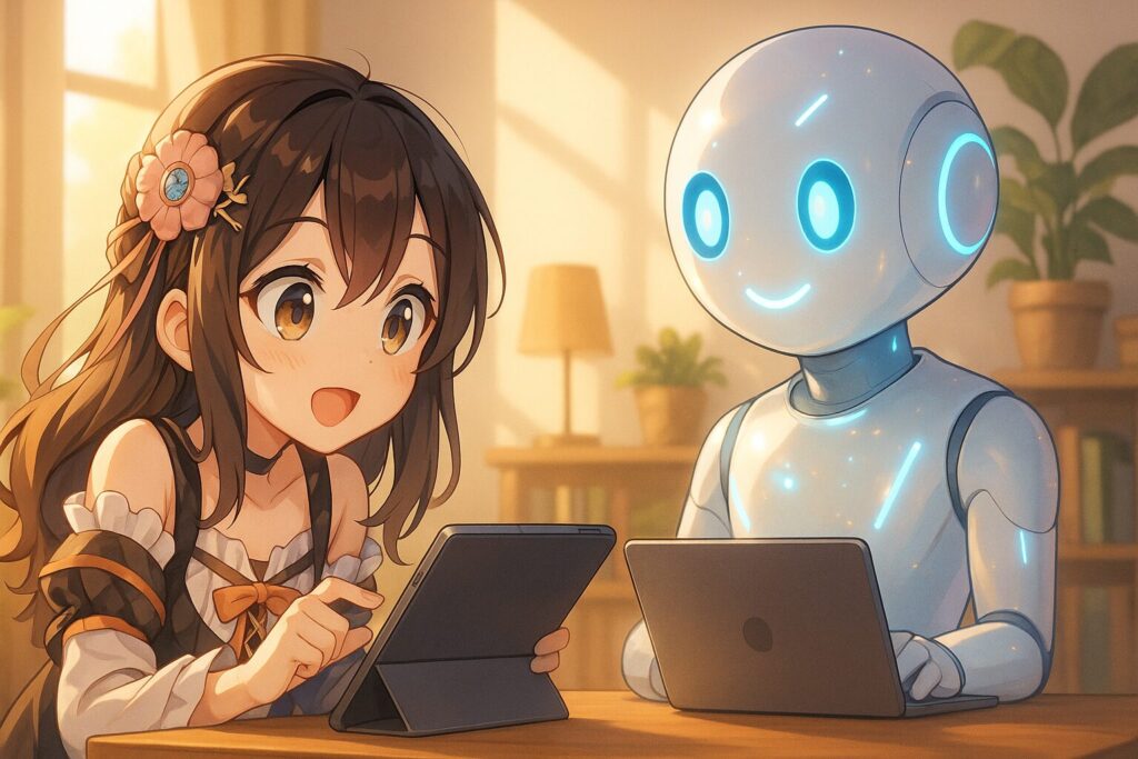 可愛い日本人女性がロボットにPythonを教えてもらっている