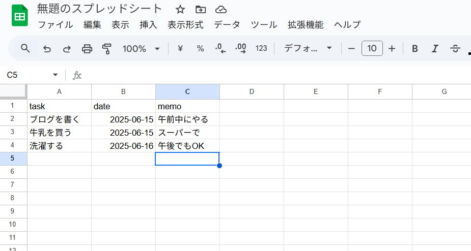 スプレッドシートにToDoを書き込む