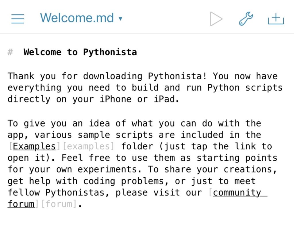 Pythonistaの起動時に表示されるwelcom.mdの画面