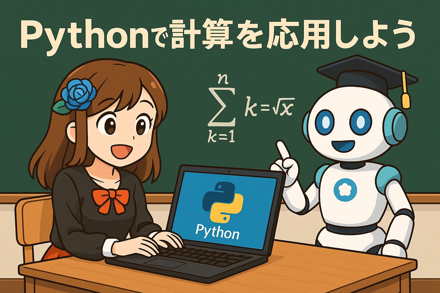 Pythonで計算を応用する　ハナマルコとチャッピー先生　アイキャッチ