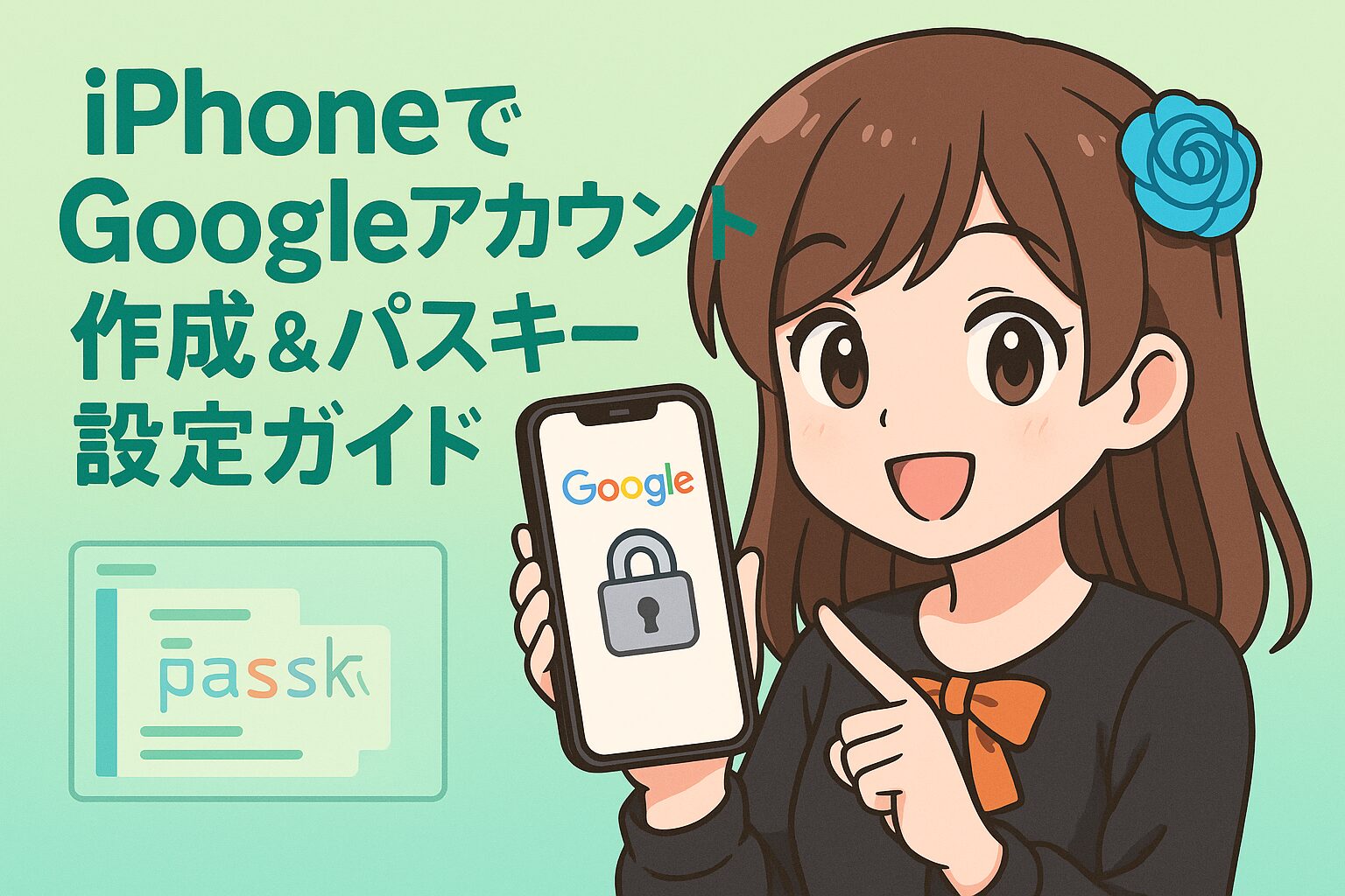 iPhoneでGoogleアカウントとパスキーを設定する　ハナマルコ　アイキャッチ