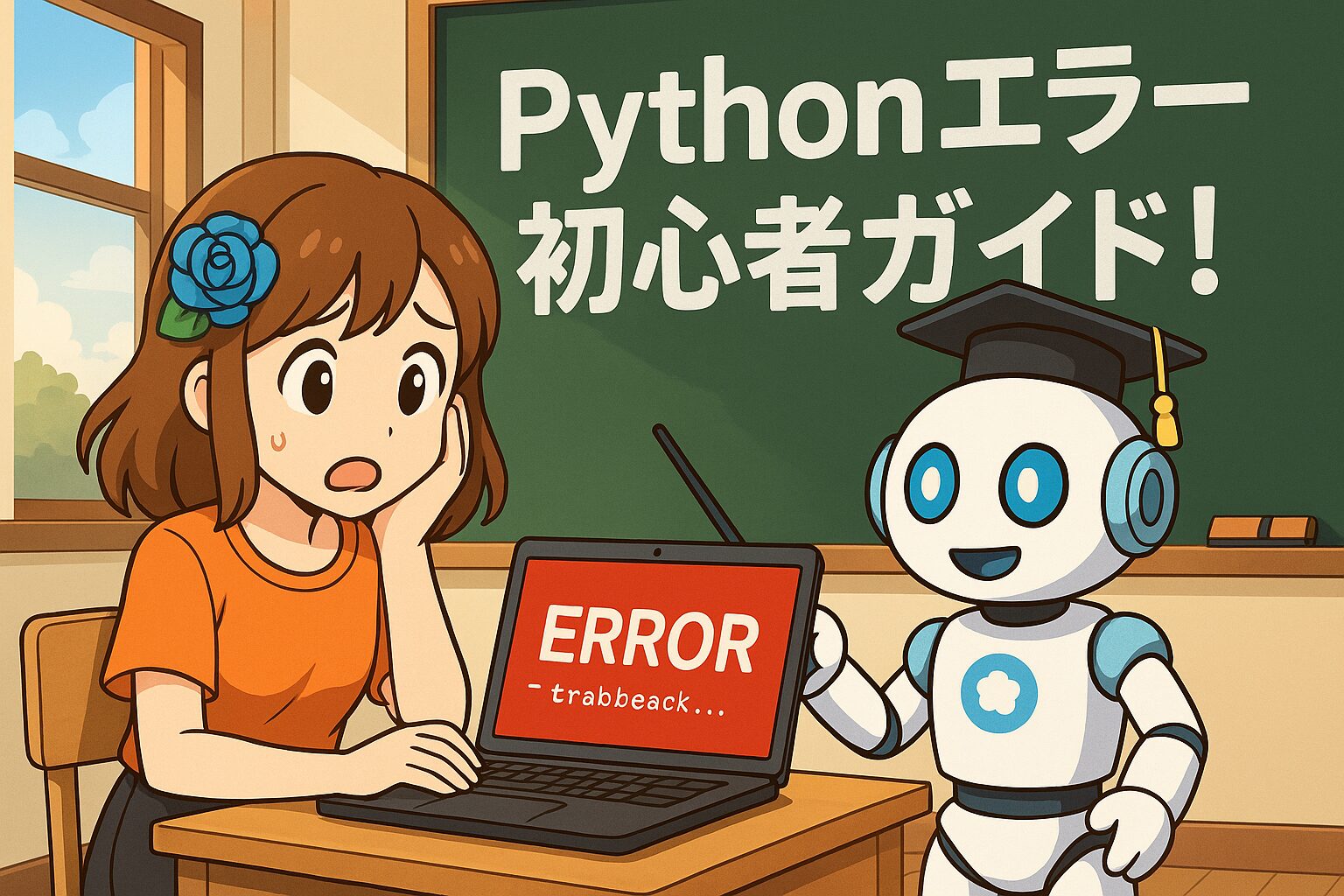 ノートパソコンでPythonエラーが表示され困惑する女性キャラクターと、黒板の前で解決方法を説明するロボット先生のイラスト。