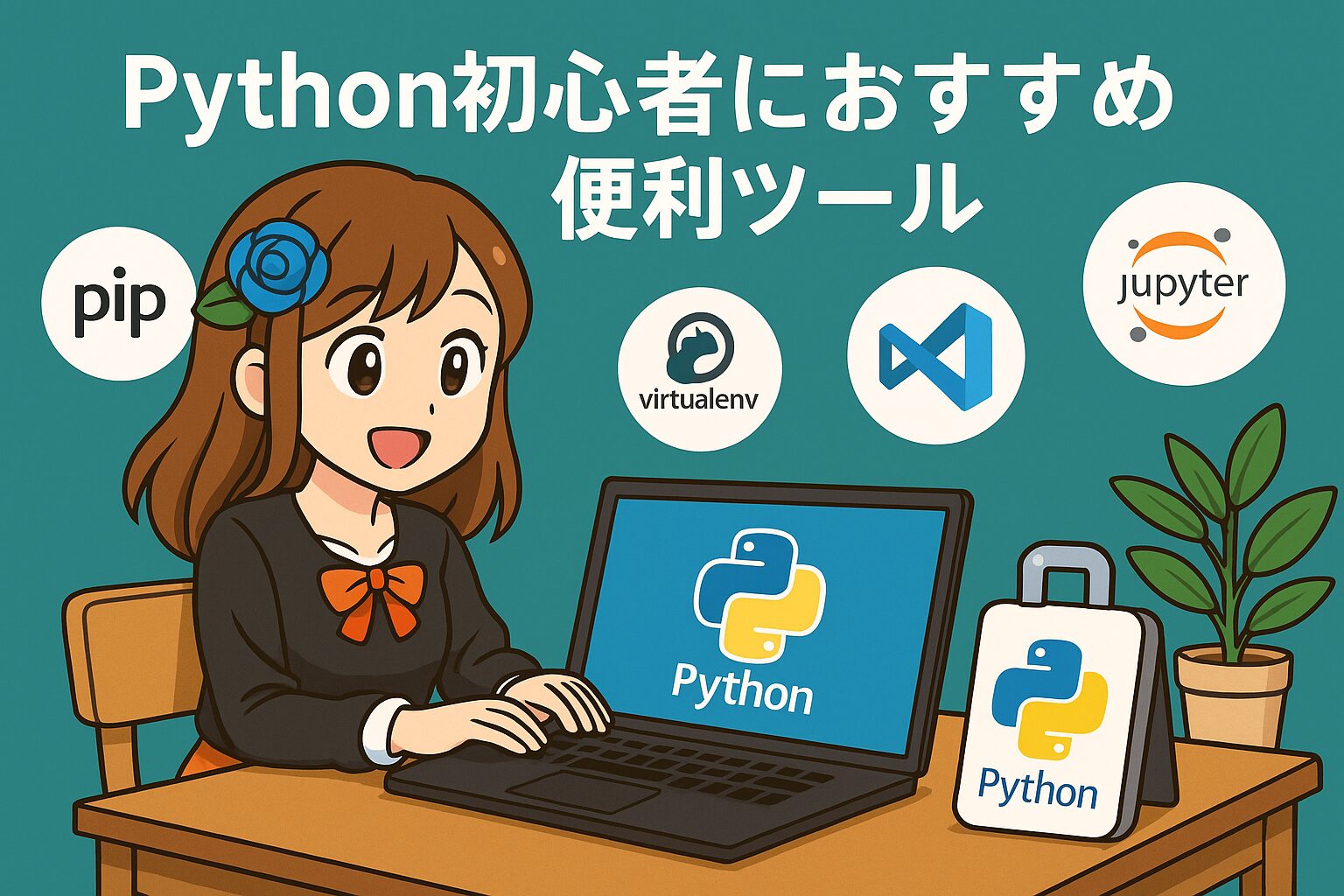 ノートパソコンでPythonを学習する女性キャラクターと、pip・virtualenv・Visual Studio Code・Jupyter NotebookなどPython初心者におすすめの便利ツールのアイコンが並んだイラスト。